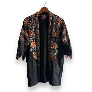 Johnny Was Black Floral Embroidered Linen Kimono Jacket Size S Boho Resortwear